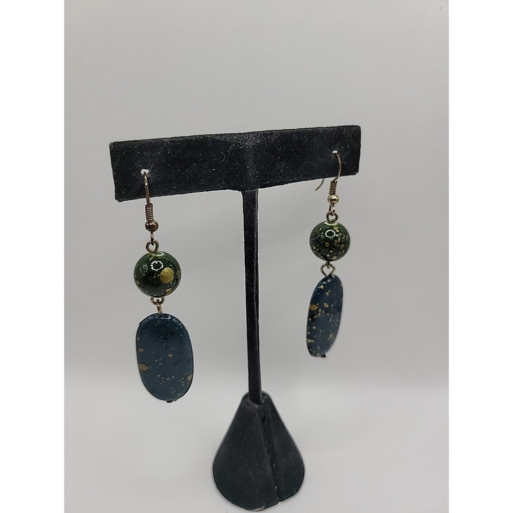 Vintage Gold Tone Blue Green Oval Cabochon Shepherds Hook Pierced Dangle Earring